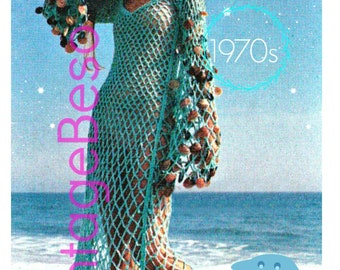 Dress Crochet Pattern • Beach Wedding Dress •  Vintage 1970s • Beach Cover Up Maxi Dress • Beachcomber Mesh Dress • Watermarked PDF Only