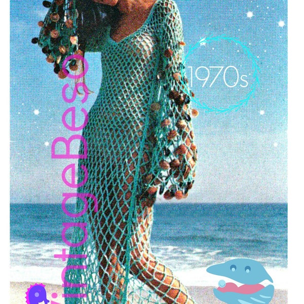Dress Crochet Pattern • Beach Wedding Dress •  Vintage 1970s • Beach Cover Up Maxi Dress • Beachcomber Mesh Dress • Watermarked PDF Only