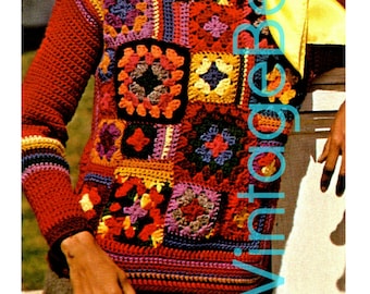 Pull patchwork au crochet • Rétro années 1970 • Haut au crochet • Pull • Carré grand-mère • Hippie • Puzzle • PDF avec filigrane uniquement