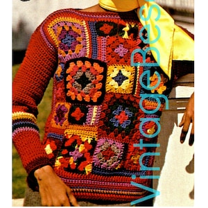 May include: A vintage-style crochet sweater in shades of red, orange, yellow, purple, and blue. The sweater features a patchwork design with square motifs. The word "1970s" is visible. Butterflies are in the background.