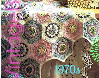 EASY Afghan Crochet PATTERN Vintage 70s Pastel Hexagon Afghan Throw octagon flowers afghan blanket Hippie Retro • Watermarked PDF Only