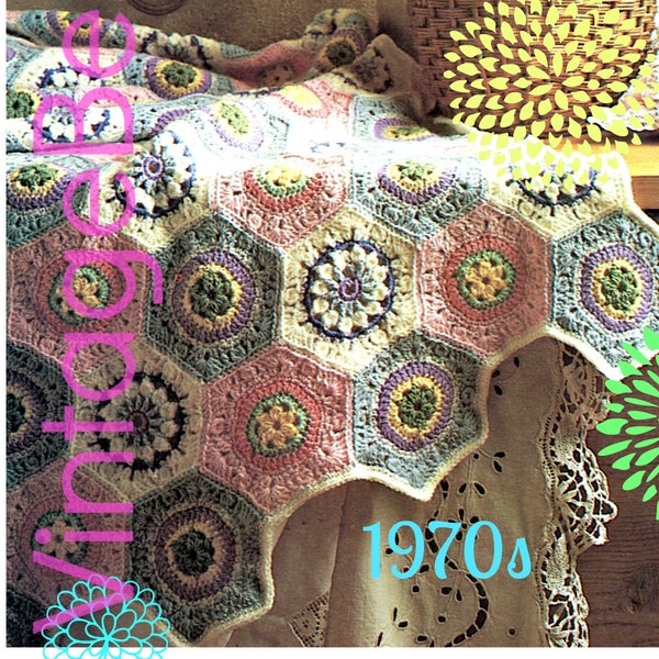 Vintage 70s Hexagon Afghan Crochet Pattern • Pastel Flower Throw (PDF Pattern)