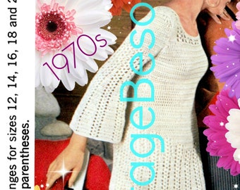 Dress CROCHET Pattern • Vintage 1970s Twist Bell Sleeve Dress Crochet Pattern Retro Ladies Summer Dress Pattern • Watermarked PDF Only