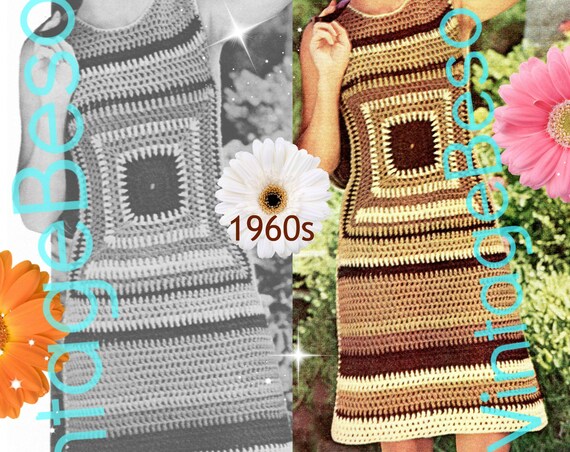 2 Patterns • Vintage Dress Crochet Pattern 1960s Crochet Dress Pattern Afghan Dress w BERET Top Skirt Party Summer • Watermarked PDF Only
