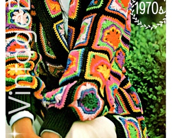 1970s Granny Square Crochet Jacket Pattern • Flower Coat • Watermarked PDF Only