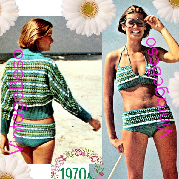 Sexy Bikini Crochet Pattern + Pullover Top Crochet Pattern • Sexy 1970s Bathing Suit Pattern • Vintage • Swimwear • Watermarked PDF Only