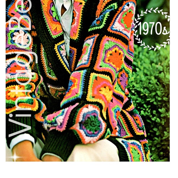 Prachtige jas haakpatroon jaren 1970 • Oma vierkante bloemjas Chique kleurrijke jas • Vintage haakpatroon • Alleen PDF met watermerk