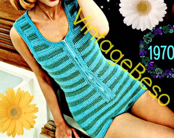 ROMPER Crochet Pattern • Vintage Crochet PATTERN 1970s • Maillot • Retro Sexy Beach Striped One Piece Leotard • Watermarked PDF Only