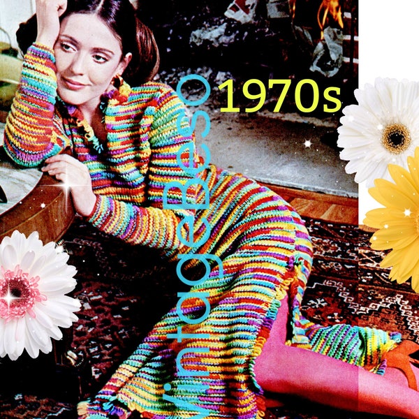 Dress KNITTING Pattern • Ladies Midi Side Slit Dress Knitting Pattern • Watermarked PDF Only • Comfy Lounging Wear • Vintage 1970s