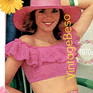 Vintage 1970s Crochet Crop Top Pattern • Pink Ruffle, Off Shoulder • Watermark PDF Only