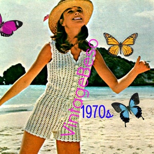 May include: A woman wearing a white crochet jumpsuit with a wide-brimmed straw hat, standing on a beach with butterflies flying around her. The text "Vintage 1970s" is superimposed on the image.