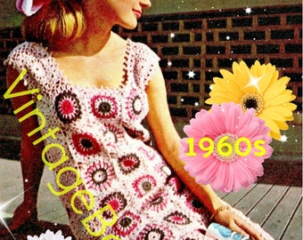 Ladies Dress Crochet Pattern • Vintage 1960s Pink Motif Dress • Granny Square Dress • Sleeveless Summer Dress • Watermarked PDF Only
