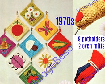 9 Potholders + 2 Oven Mitts Crochet PATTERN • 1970s Flowers Heart Butterfly Apple Fish Cherry Ladybug Mushroom Fish • Watermarked PDF Only