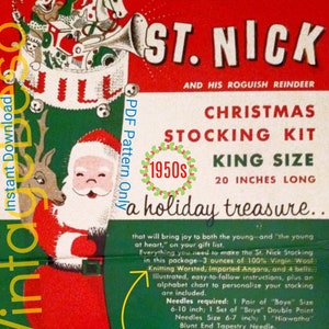 RARE Stocking Knitting Pattern Vintage 1950s &quot;St Nick and his Roguish Reindeer&quot; Columbia Minerva 2730 • Watermarked PDF Only
