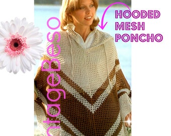 Hooded Poncho CROCHET Pattern • Long Mesh Feminine Poncho w Hood • Boho Lovely • Vintage 1970s • Cool Summer Evenings • Watermarked PDF Only