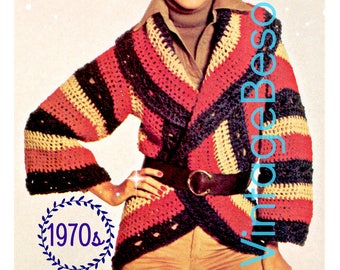 Crochet PATTERN BOHO Circle Wrap Cardigan • 70s Vintage Top Bohemian Clothing Jacket Sweater Hippie • Watermarked PDF Only