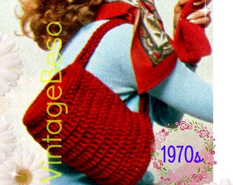 May include: A red crocheted handbag with a long strap. The bag is being held by a woman wearing a blue and red patterned scarf. The image has the text "VintageBeso 1970s" on it.