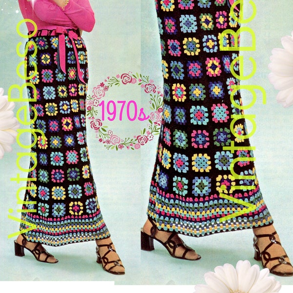 SKIRT Crochet Pattern • 1970s Hostess Skirt Millefleurs Skirt • Vintage Crochet Pattern • Granny Square Long Skirt • Watermarked PDF Only