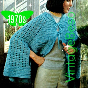 CAPE Crochet PATTERN • Ladies Aqua Cape • 1970s Light Wrap Crochet Cape with Arm Slits and Closure Ties • Watermarked PDF Only