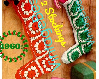 2 Patterns • Christmas Crochet • Vintage 1960s "Granny-Like" Square Stocking Pattern • Bucilla STOCKING 20" + 17" • Watermarked PDF Only