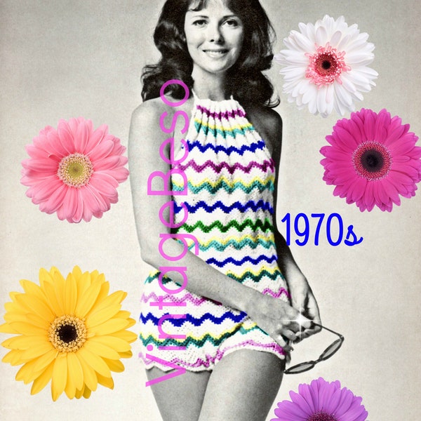 Romper CROCHET Pattern • Vintage 1970s Bodysuit Crochet Pattern • Halter Crochet Pattern • Bathing Suit • Retro Beach • Watermarked PDF Only