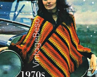 1970s Striped Crochet Poncho Pattern • Vintage Boho Fringe (PDF Pattern)
