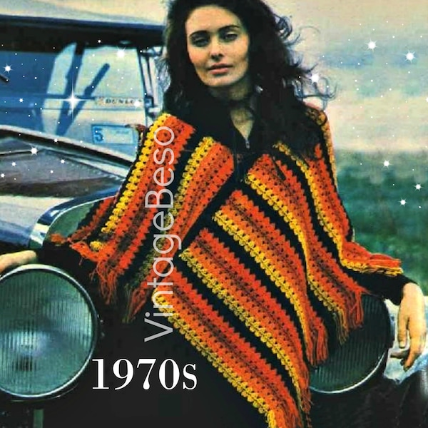 Striped PONCHO Crochet Pattern 1970s Fringe Boho Hippie • Vintage Crochet Pattern • Watermarked PDF Only