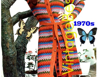 Long Cardigan CROCHET Pattern • Vintage 1970s Jacket • Coat • Retro • Long Sleeve Sweater • Boho • Hippie • Watermarked PDF Only