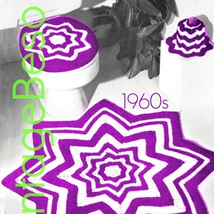 May include: A purple and white crocheted toilet seat cover and a matching star-shaped rug. The rug has a concentric circle design with a large star in the center. The text "1960s" is printed on the rug.