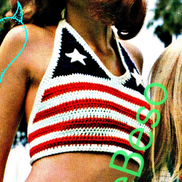 3 Patterns • Halter Top Crochet Pattern Vintage 70s Knitted Shorts Pattern American Flag Pattern 4th of July • Watermarked PDF Only