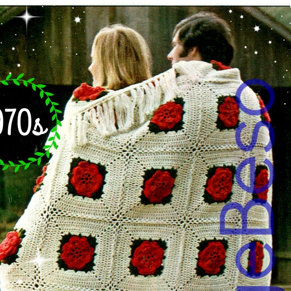 Red Roses Afghan Crochet PATTERN • 1970s Crochet Pattern • Rose • Vintage Granny Square style with Jumbo Rose • Watermarked PDF Only