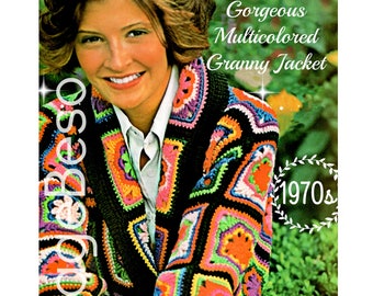 1970s Granny Square Jacket Crochet Pattern • Flower Power Coat (Watermarked PDF)