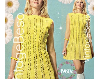 1960s Crochet Dress Pattern • Vintage Yellow Flame Sleeveless Mini • Watermarked PDF Only