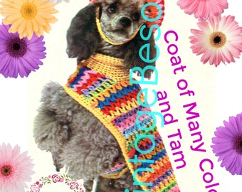 EASY Dog Coat Crochet Pattern • Watermarked PDF Only • 1970s Pampered Dog • Vintage • Dog Sweater • Tam Hat Cap • Rainbow Dog Jacket