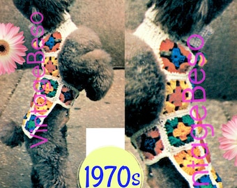 Dog Coat Crochet Pattern • Cable Collar • Vintage 1970s Granny Square Jacket • Sweater Pattern • Puppy Coat • Watermarked PDF Only