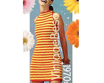 Ladies Dress CROCHET Pattern • Sunlight Stripes • Summer Dress Pattern • Fun Sexy Sleeveless Halter • Vintage 1970s • Watermarked PDF Only