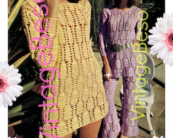 May include: Two women wearing crochet dresses. The woman on the left is wearing a yellow crochet dress and the woman on the right is wearing a purple crochet dress. The image is from the 1960s.