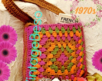 Granny Bag CROCHET Pattern • Vintage 1970s • Boho Granny Square Bag • Hold Everything Bag • Great "Grab and Go" Bag • Watermarked PDF Only