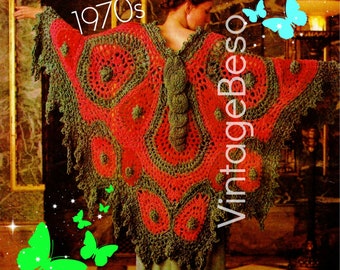 May include: A 1970s crochet poncho with a butterfly design in shades of red, green, and white. The poncho is worn by a person standing in a room with a marble floor and gold accents.