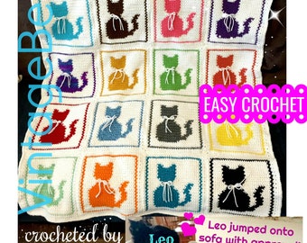 Easy Cat Afghan Crochet PATTERN • Cat Pillow Pattern • Vintage Single Crochet • Meow Love Crochet Kitty • Cat Blanket • Watermarked PDF Only