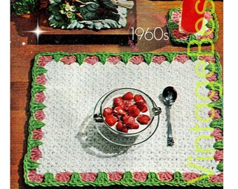 2 EASY Crochet Patterns • Strawberry Placemat + Coaster Crochet Pattern • 1960s Brunch Set • Retro Home Decor • Watermarked PDF Only