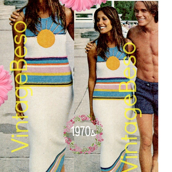Egyptian Maxi Dress KNITTING Pattern • Retro 1970s • Ladies Summer • Vintage Beso • Watermarked PDF Only • Applique Embroidery • Coverup