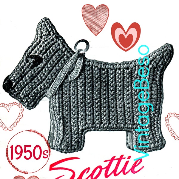 Dog Potholder CROCHET Pattern • Vintage 1950s • Retro Potholder Scottie Housewarming New Puppy • Watermarked PDF Only • Watermarked PDF Only