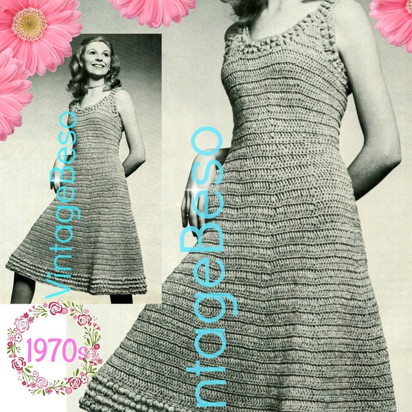 Dress Crochet Pattern • Skimmer Dress • Vintage 1970s • Retro Scoop Neck Skimmer with Easy Flared Skirt • Watermarked PDF Only