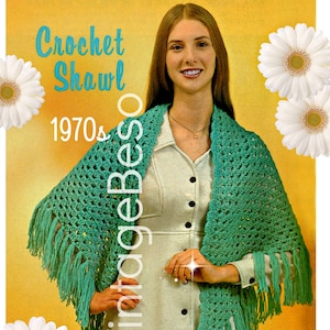 Easy Shawl CROCHET Pattern Vintage 1970s Simple Shells Shawl Retro Crochet Pattern Watermarked PDF Only image 1