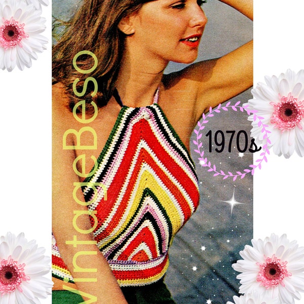 A FAST CROCHET Top Crochet Pattern • Vintage 1970s Rainbow Halter Crochet Pattern • Chevron Striped Boho Top • Watermarked PDF Only