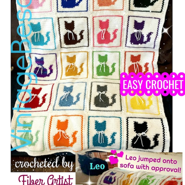 Easy Cat Afghan Crochet PATTERN • Cat Pillow Pattern • Vintage Single Crochet • Meow Love Crochet Kitty • Cat Blanket • Watermarked PDF Only