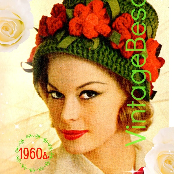 Hat Crochet Pattern • 1960s Flower Trimmed Cloche Crochet Pattern • Roses Patterned Hat • Fun and Feminine Flower Hat • Watermarked PDF Only