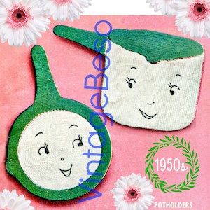 Vintage 1950s Crochet Potholder Pattern: Anthropomorphic Pot & Pan (Watermarked PDF)
