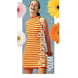 Ladies Dress CROCHET Pattern • Sunlight Stripes • Summer Dress Pattern • Fun Sexy Sleeveless Halter • Vintage 1970s • Watermarked PDF Only